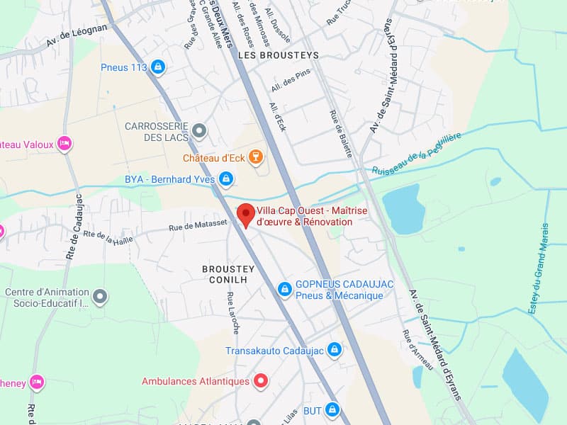 Carte Broustey-Conilh : Villa Cap Ouest et Commerces Carte de Broustey-Conilh montrant Villa Cap Ouest, Rte de Cadaujac, Carrosserie des Lacs, et Av. de Saint-Médard d'Eyrans.